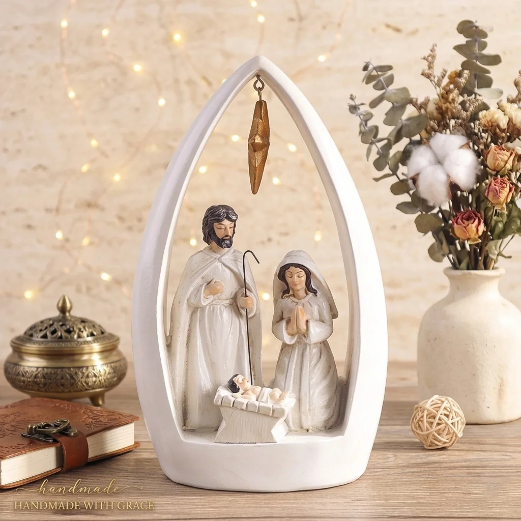 Teardrop Nativity Scene Holy Family Figurine Gold Star Christmas Decor Modern Religious Statuette Home Tabletop Gift