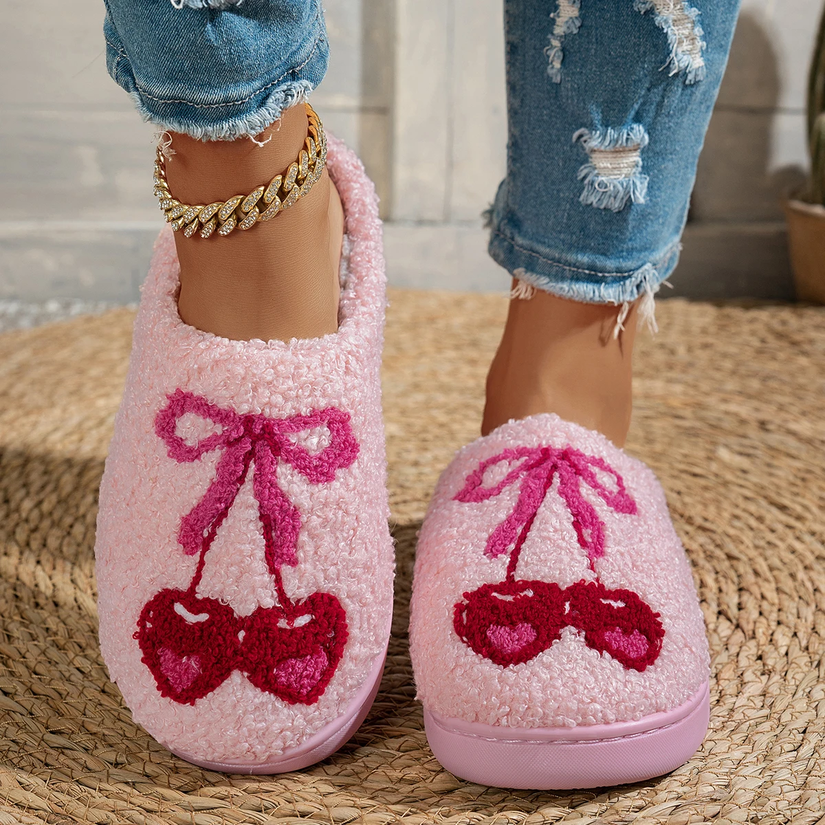 

Cute Cherry Bow Women's Slippers Fruit Pattern Winter Fashion Indoor Warm Comfy Bedroom Casual Soft Sole Fuzzy Girl's Home Shoes