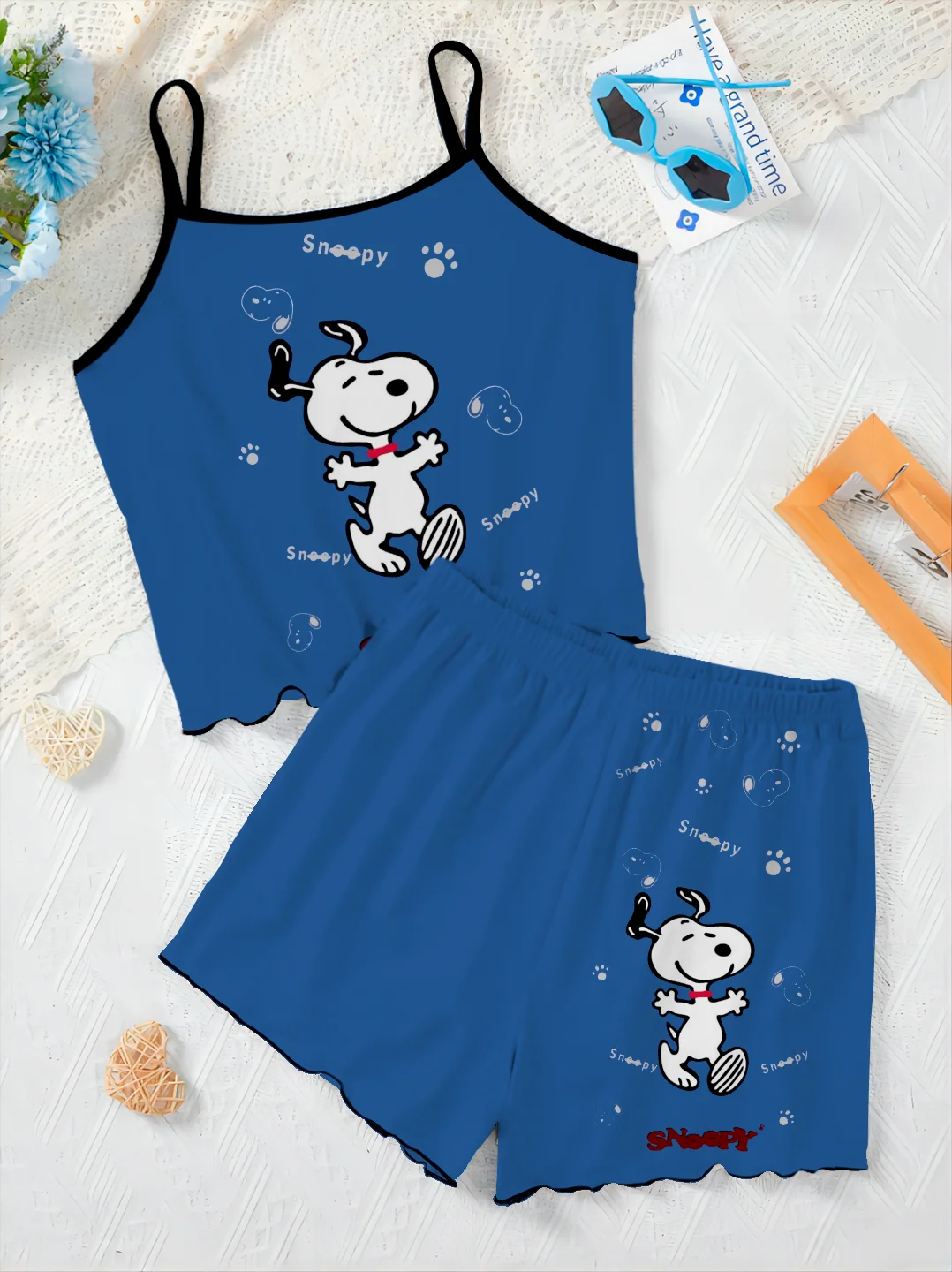 Snoopy Slip Dress Sla Trim Dames Pak Pyjama Rok Broek Set Vrouw 2 Stuks Chique En Elegante Top T-Shirt Kort Luxe