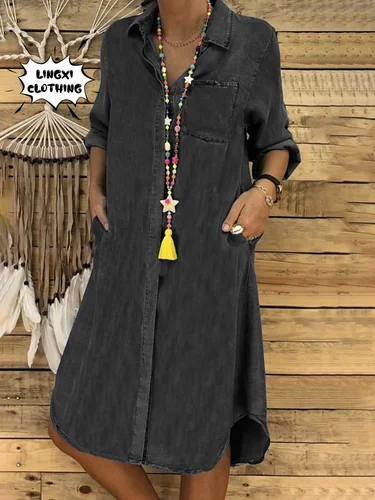 Imagen 2 del producto Vestido vaquero largo para mujer, prenda elegante y a la moda, Retro, de manga larga, con botonadura única, color negro, novedad de verano, 2024