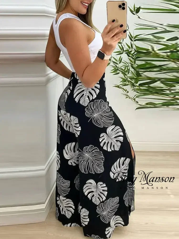 

Solid Cut-out Tank Top & Tropical Print Split Wide Leg Pants Set Two Piece Suit Sets Summer Women Casual Beach Wear Solid Sleev