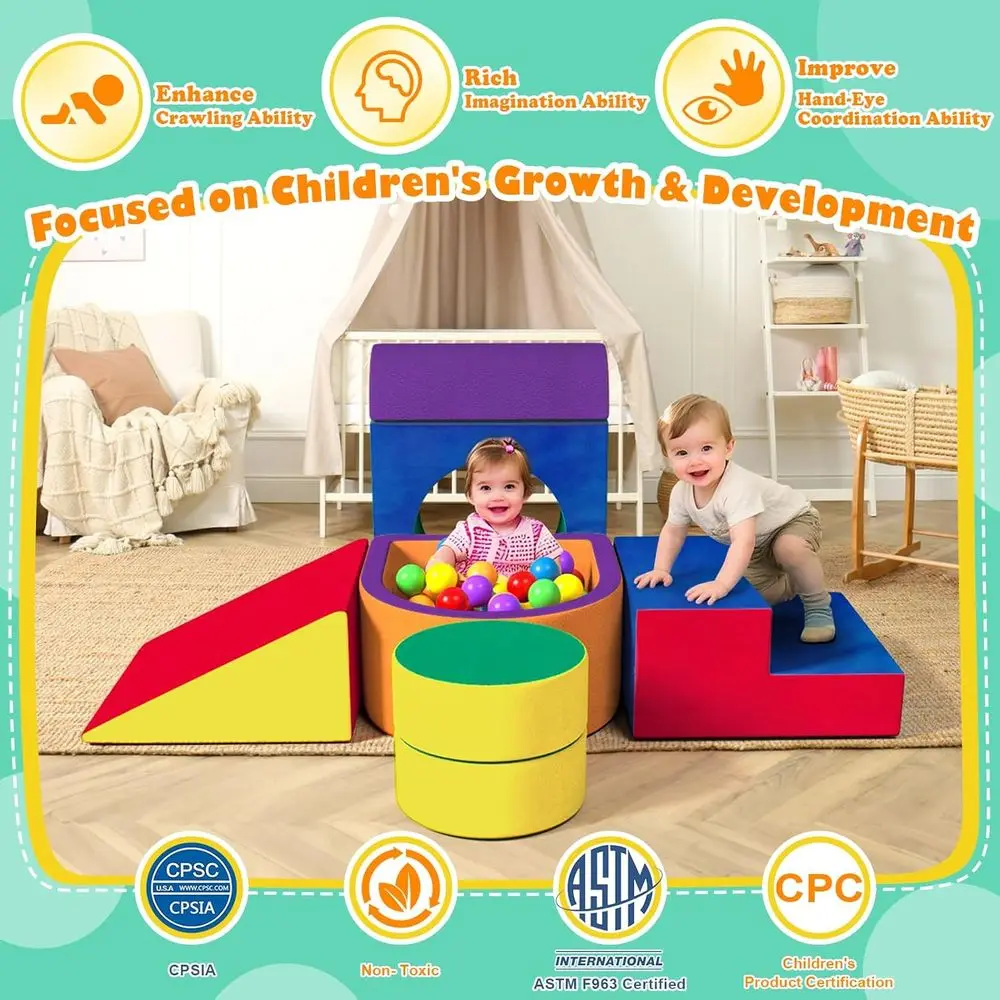 ชุดบล็อกปีนป่ายโฟมกำมะหยี่นุ่ม สำหรับเด็กอายุ 1-3 ปี เล่นในร่ม พร้อมคุณสมบัติการคลานและเลื่อน (ไม่รวมลูกบอล)