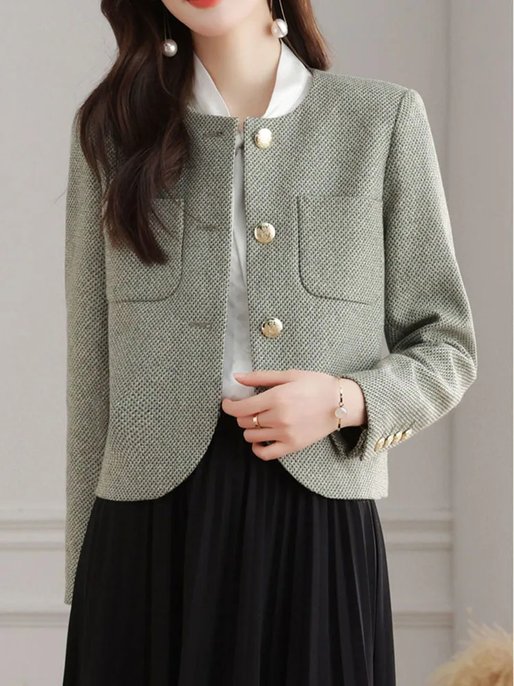 Jmprs Korean Chic Tweed Jackets Women Casual Fashion Long Sleeve Elegant Coat Sweet O Neck Female Fall Winter Outwear Tops New