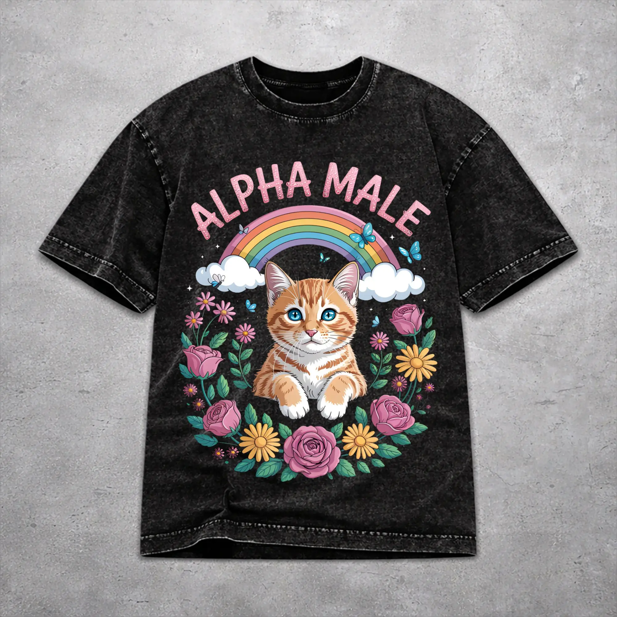 Men Women Alpha Male Cat Kitten Funny  T Shirt Printed Washed Vintage  Fashion T-Shirts