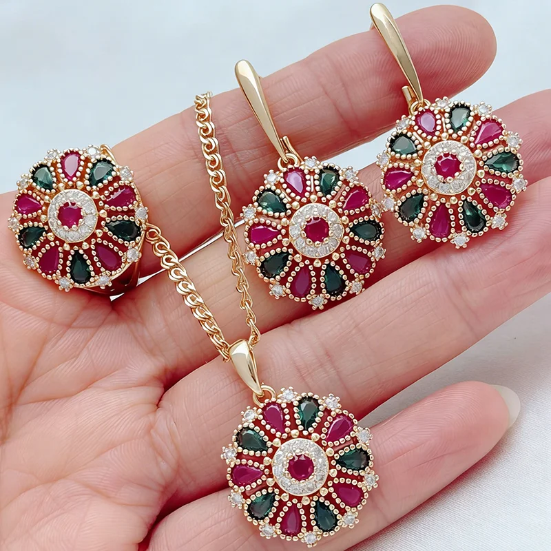 

Горячая новинка: Этнический комплект украшений Kinel для невесты — колье, серьги и кольцо с кристаллами и цветами, модный дизайн, цвет розового золота 585 пробы, натуральный циркон.