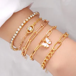 Vintage Punk Gold Color Butterfly Zircon Bracelets Women Fashion Circle Link Chain Metal Bracelets Set For Female Party Jewelry