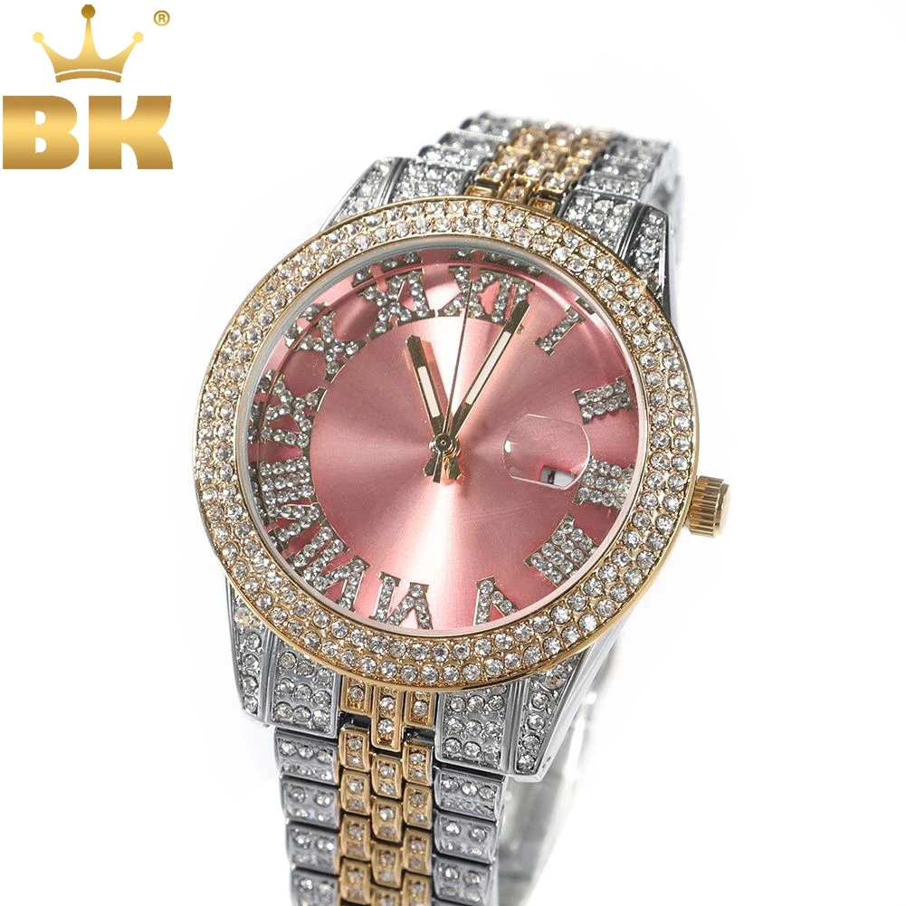 

TBTK Luxury Wrist Wacth Big Pink Dial Full Iced Out Two Tone Quartz Clock Business Waterproof Watches For Men Women