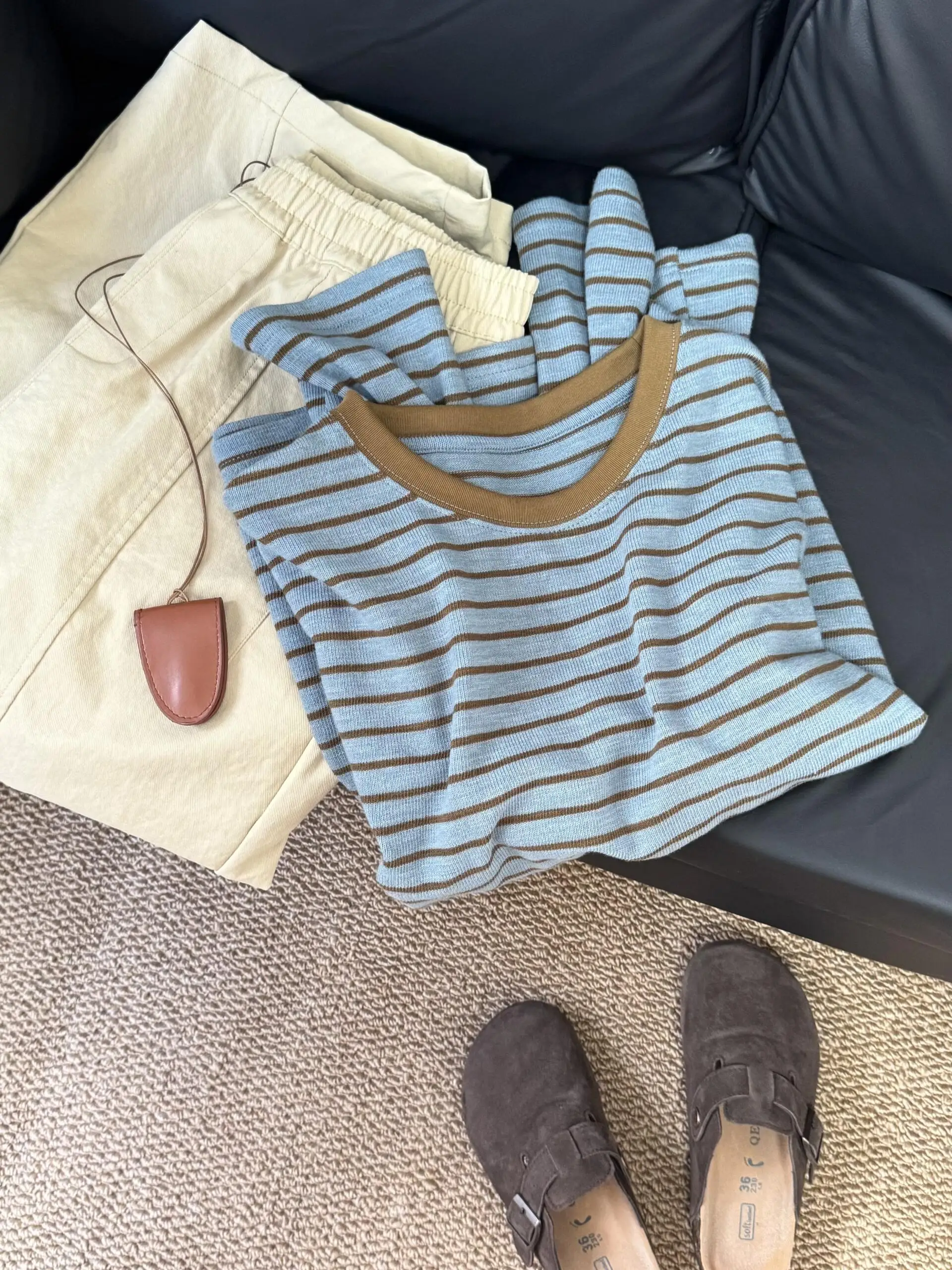 

Японская полосатая футболка Long Sve, женская свободная универсальная многослойная цветная блузка, осеннее новое поступление, вязаный свитер