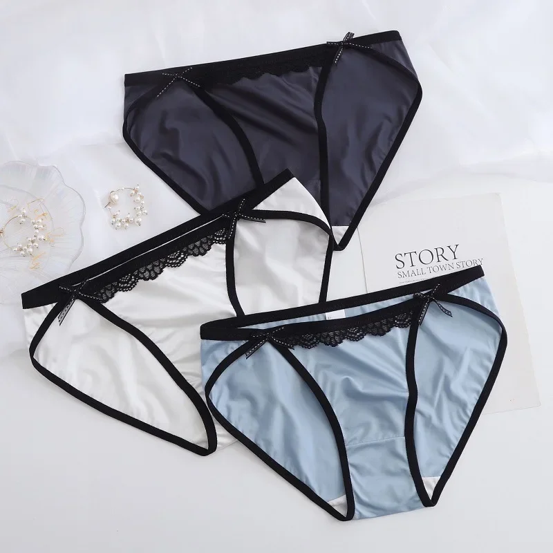 Japanese Sexy Satin Ice Silk Smooth Ribbon Bowknot Comfortable Low Waist Lace Triangle Sweetheart Underwear WOMEN  Panties