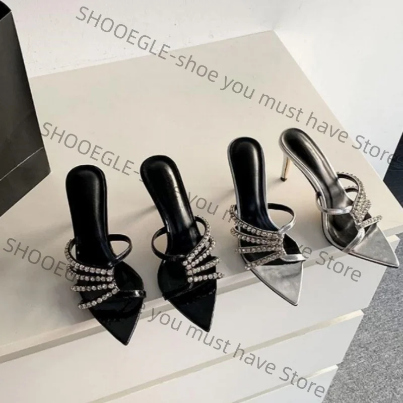 

Women's Patent Leather Pointed-Toe Stiletto Heel Mules Rhinestone Straps Elegant Slip-On Design Ladies Weddings Sexy Slippers