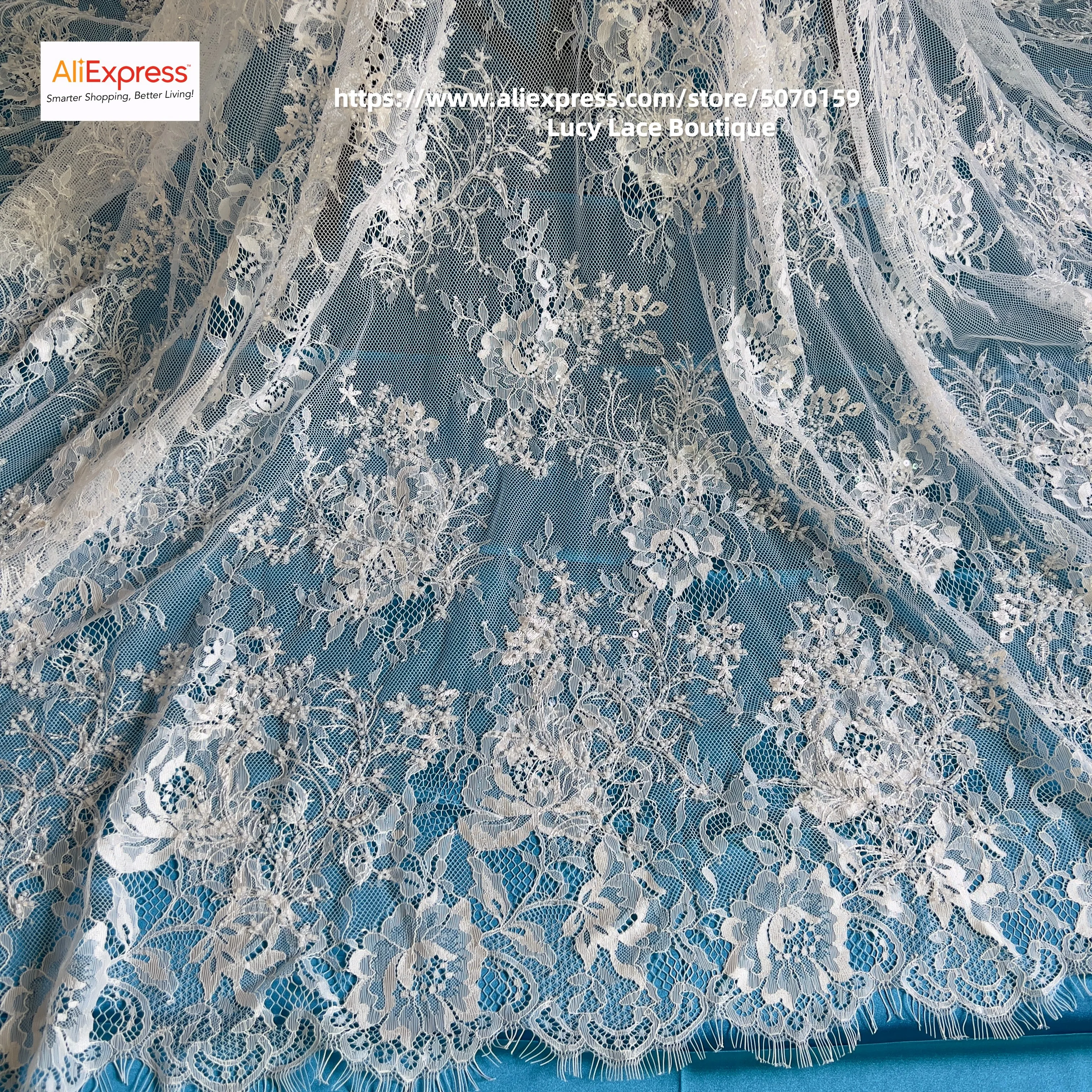 

Custom Wedding Dress Lace Material French Chantilly Lace Floral Beadwork Wedding Fabric Off White 1.3M Wide, 3M Long 2025 NEW