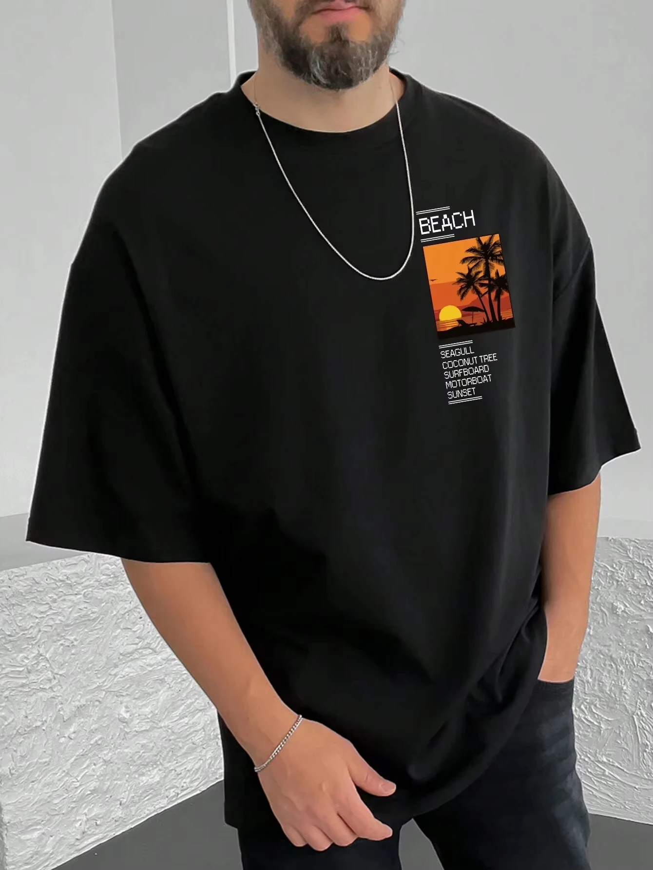 

Men's 100% Pure Cotton Summer Loose Coconut Tree Print Casual Sports Round Neck Short Sleeved Holiday Street T-shirt