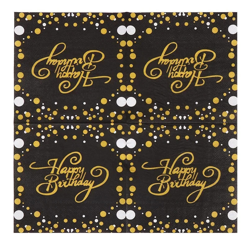 20pcs/Pac 33cm New Black and Gold Birthday Printing Paper Napkins Party Colorful  Letter Happy Birthday Pure Wood Pulp Paper