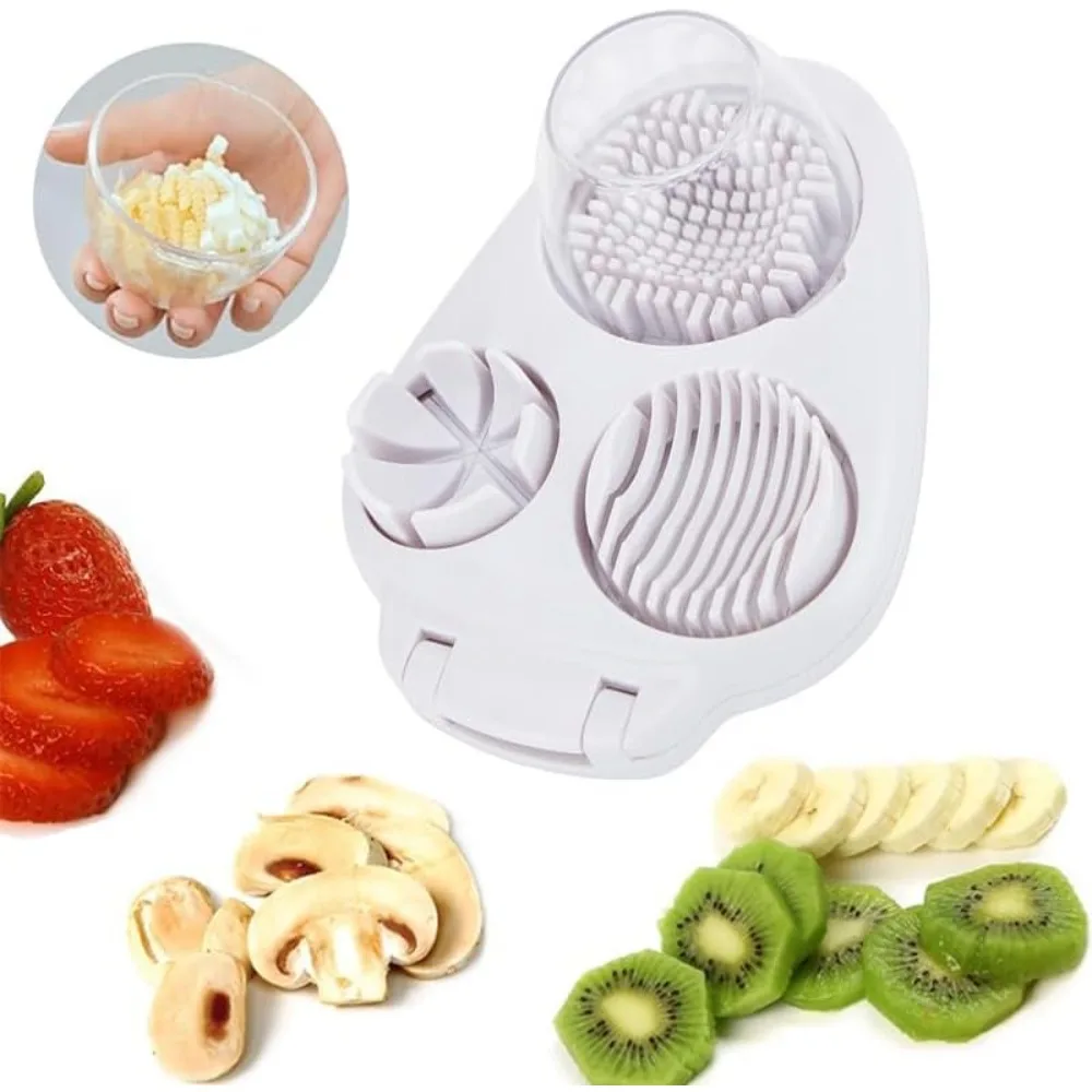 3-in-1 Stainless Steel Egg Slicer – 3 Slice Modes for Hard Boiled Eggs, Strawberries, Mushrooms & Grapes | White Kitchen Tool