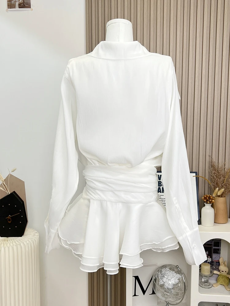 Woman Chiffon Elegant Shirt Dress Lace One-Piece Lapel Collar Frocks Long Sleeve Slim Low Waist Solid Color Patchwork Coquette