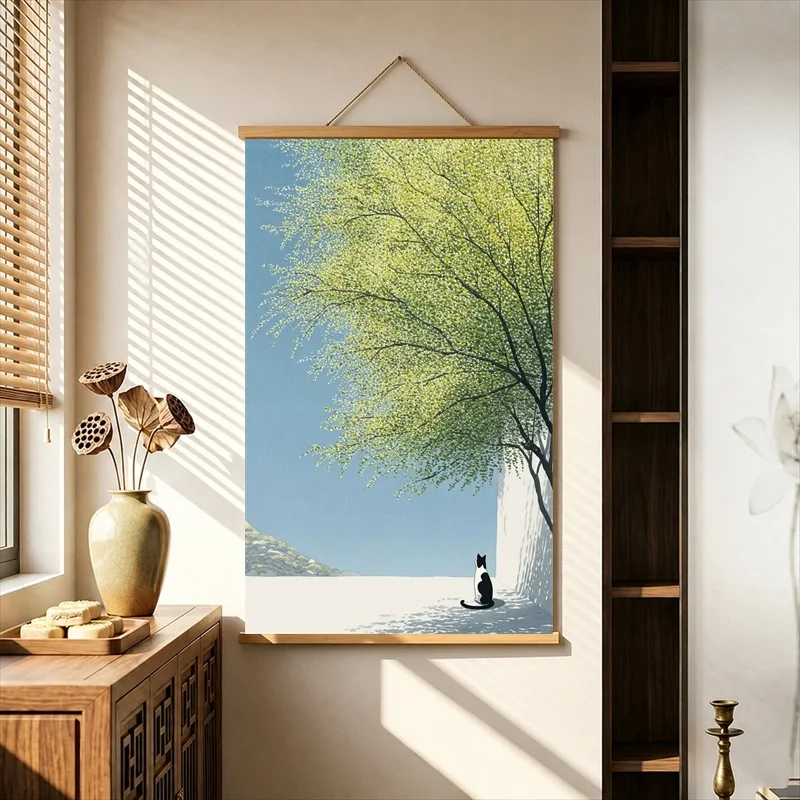 Wall Decorations Quiet Figures beneath Gentle Trees, Calm Serene Vibe Pearlescent Canvas Wall Hanging Scroll for Therapy Office