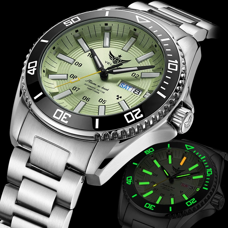 YELANG Men Automatic Watch 44mm Mechanical Wristwatch Diver 30Bar Waterproof Luminous Tubes NH36 Sapphire Week Date