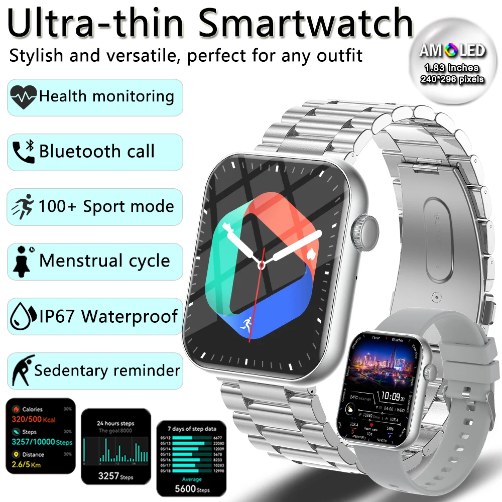 

2025 New Fashion Unisex Smart Watch 1.83 Inch HD Health Monitoring 100+ Sports Modes Bluetooth Call SmartWatch For IOS Android