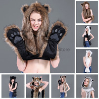 Women 3 In1 Animal Hood Hat Wolf Plush Warm Animal Cap with Scarf Gloves Faux Fur Hood Animal Hat Ear Flaps Hand Pockets Costume