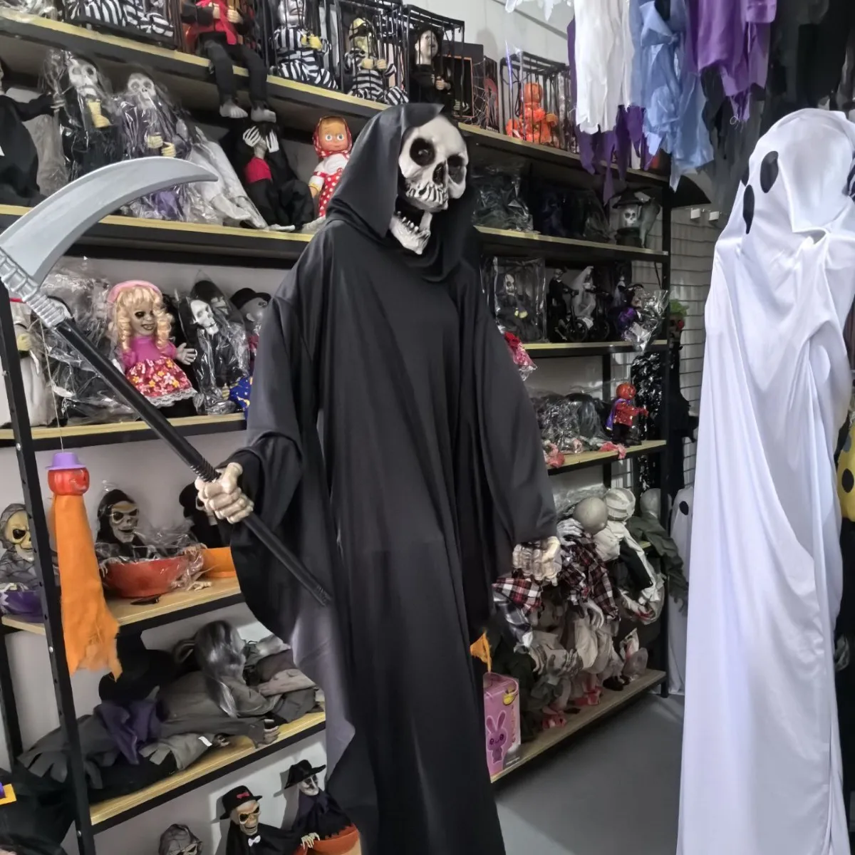 Skeleton Mask Hooded Black Robe Halloween Cosplay Costume Ghost Cloak Horror NPC Escape Room Prop Outfit