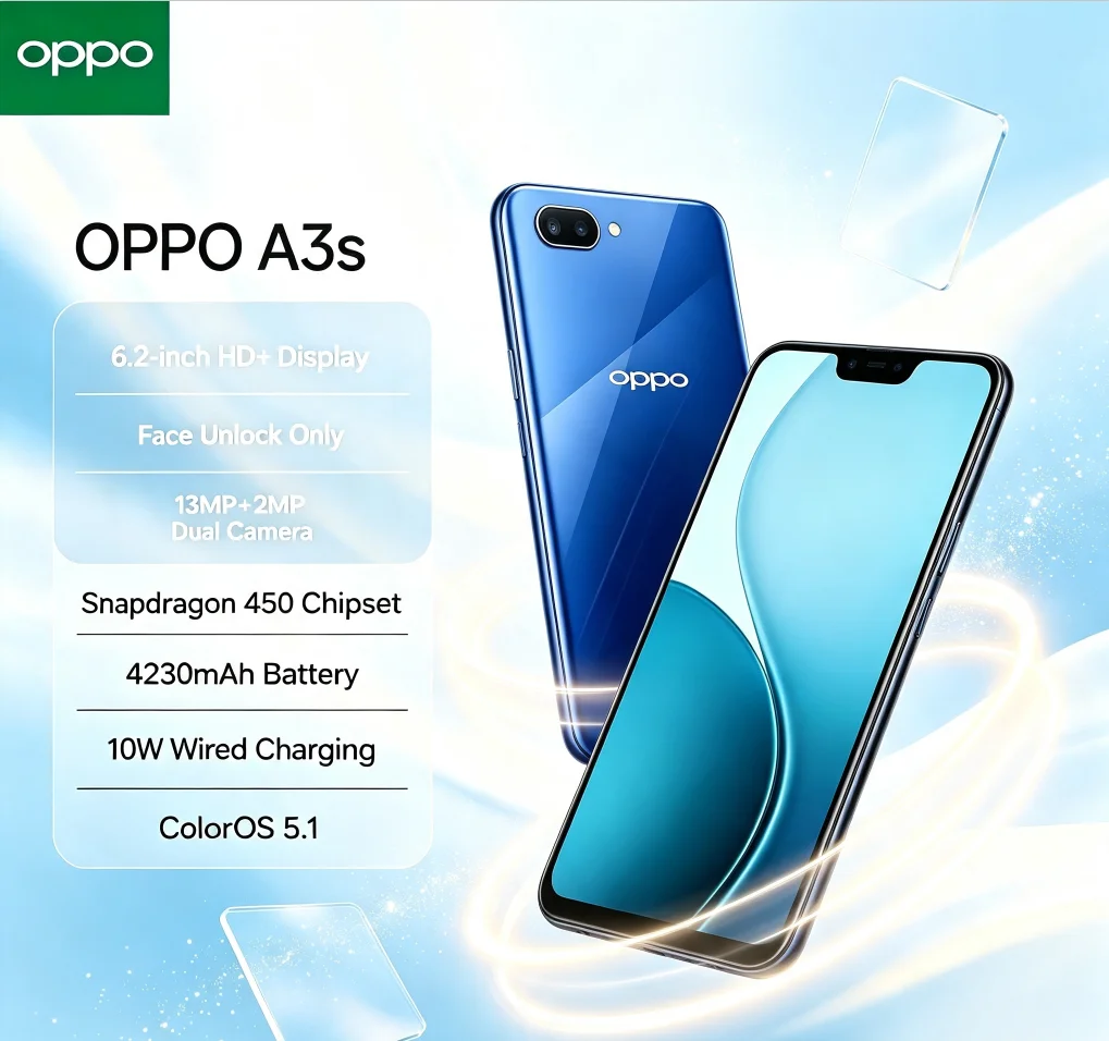 2026 New OPPO A3s 5G Smart Phone 8GB RAM 256GB ROM Dual SIM 6.2'' HD+ Display Helio P35 Chipset AI Camera Stable All-day Battery
