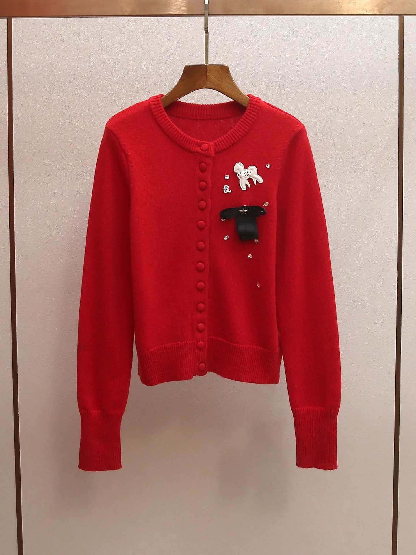 

Soft Cozy Knitted round Neck Open Cardigan Women's Sweater Jacket New Year Red Fashionable Top Sweet Style Long Sleeve