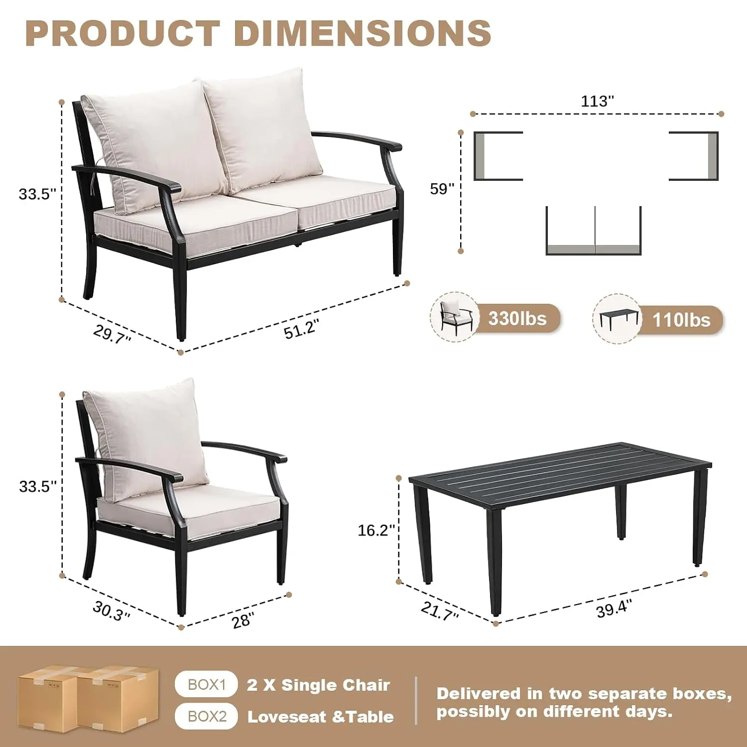 4-Piece Metal Patio Conversation Furniture Set Outdoor Garden Balcony, Customized