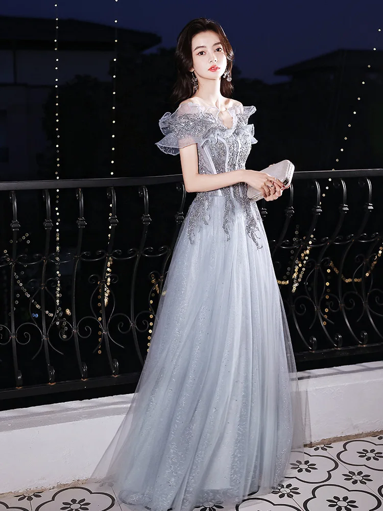 N1160 الفتيات النساء فساتين السهرة الطويلة الملابس الحلو الذاكرة مثير قبالة الكتف فستان رمادي الذاكرة الحلوة فستان رسمي أنيق