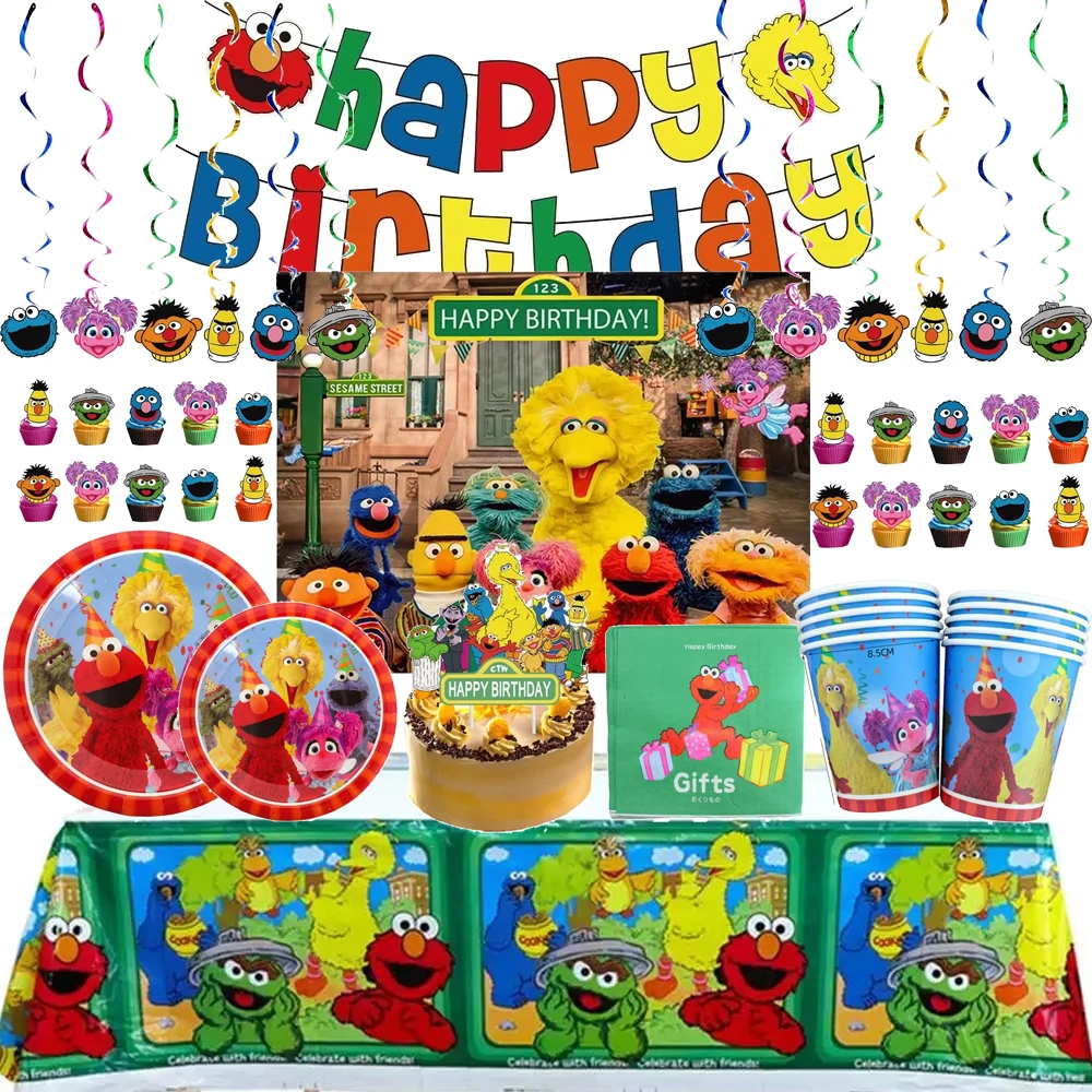 Cartoon Sesame Street Party Decorations Set Disposable Plates Cake Topper Balloons Tablecloth for Kids Birthday Supplies Baby