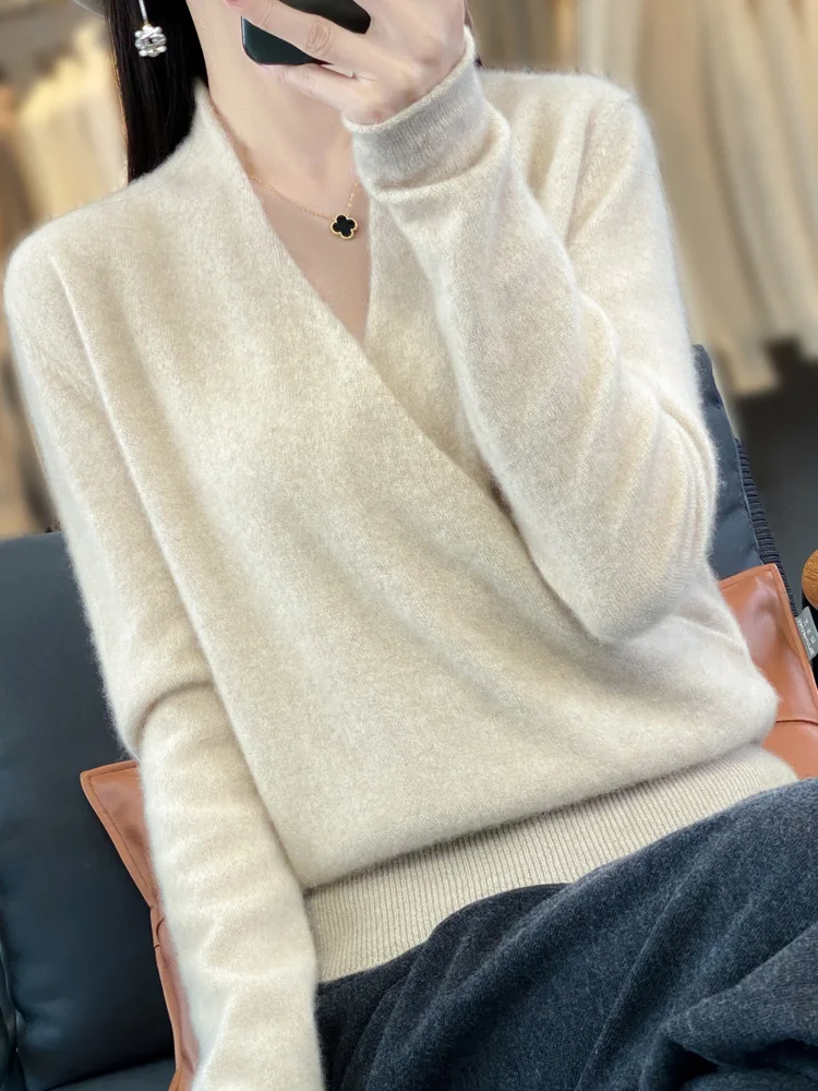 100% Pure Wool Cardigan Women's Clothing Cross V-Neck Top Spring Autumn New Cashmere Sweater Casual Knitted Loose Female Sweater