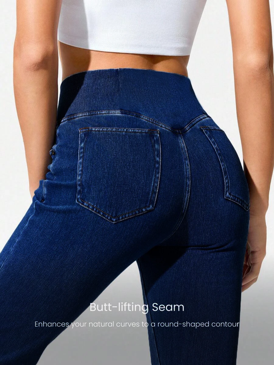 Damen High-Stretch Cross-Waist Flare Denim für Casual, Hüftbetonende Strick-Denimhose mit Tasche, Fitness Bootcut-Hose – Detail 4