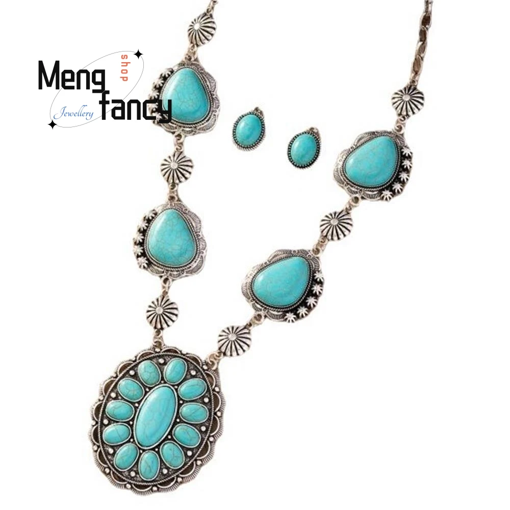 Natural Tibetan Silver Inlay Retro Turquoise Necklace Pendant Earrings Western Style Exaggerated High-grade Fashion Fine Jewelry