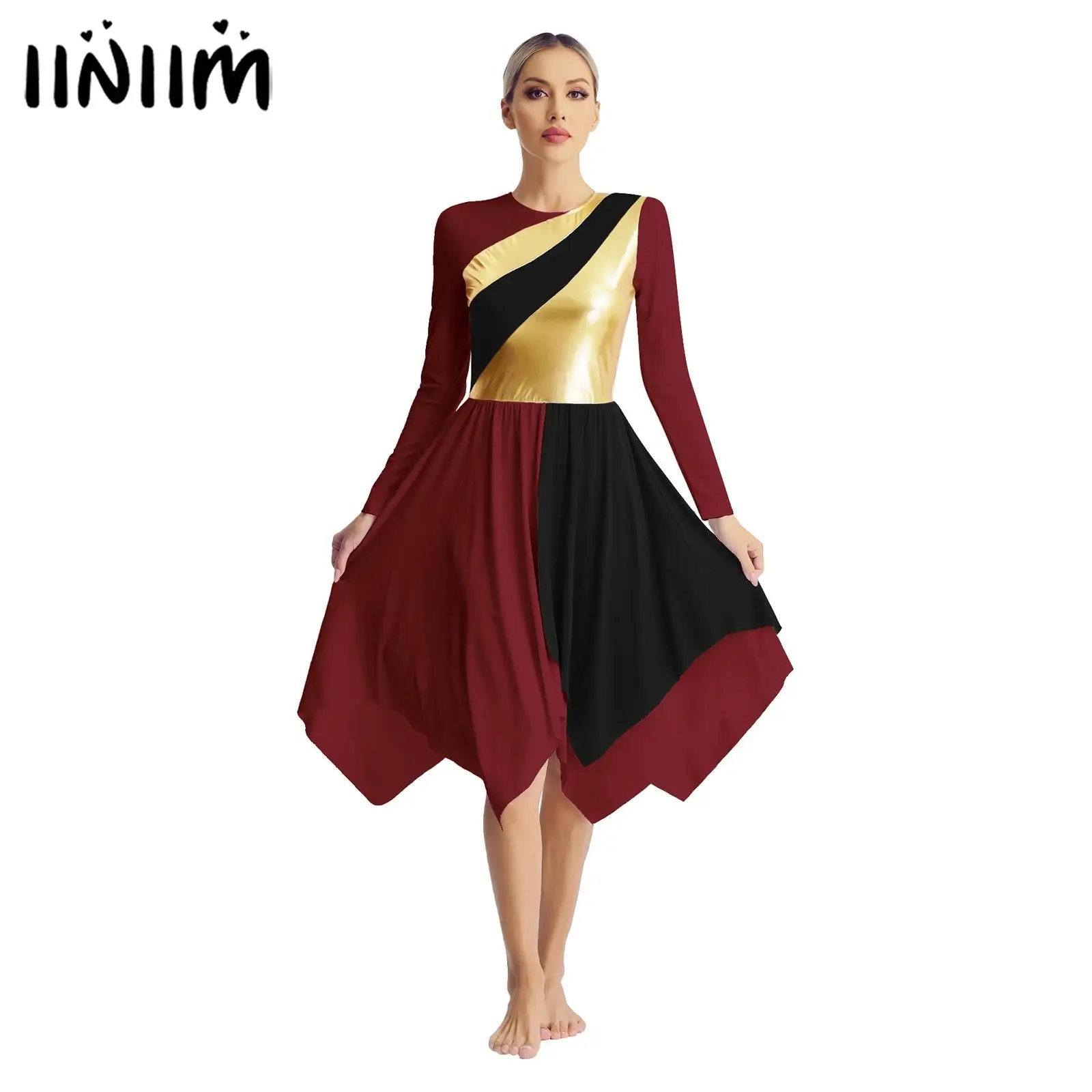 レディースメタリック典礼賛美叙情バレエダンスドレス長袖非対称ドレス礼拝パフォーマンスコスチューム