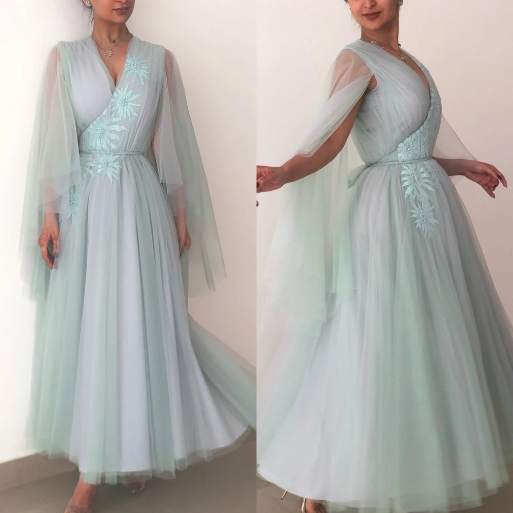 

Elegant V-neck A-line Evening Dresses Beading Bolero Flower Bows Organza Anke length فساتين للحفلات الراقصة vestidos para evento