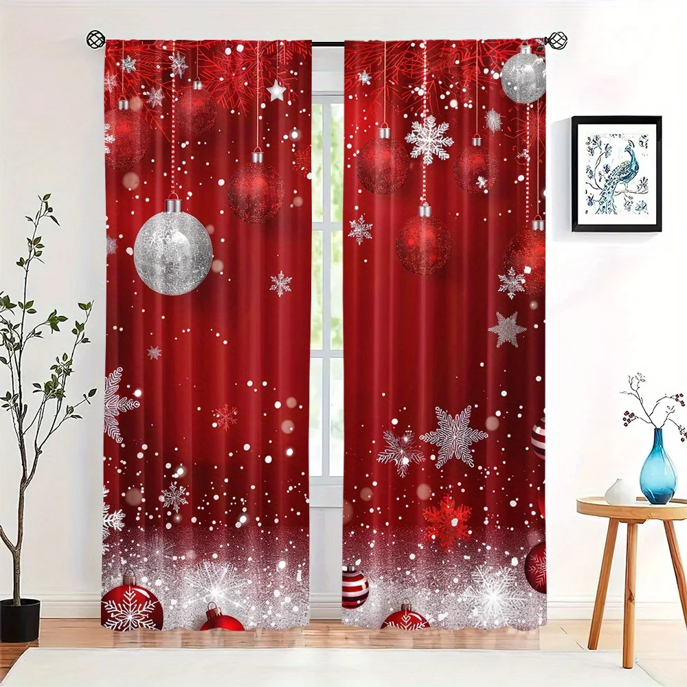 Red Bokeh Snowflake semi-Blackout Curtains 2pcs Heat Insulating & Privacy Enhancing Drapes with Rod Pocket for Bedroom Living