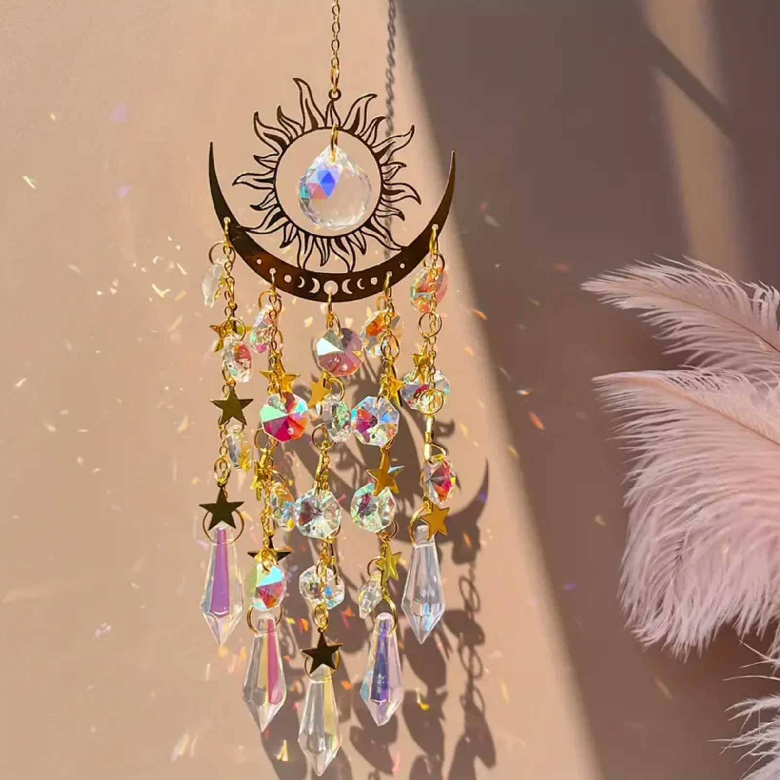 

Golden Flame Moonlight Crystal Pendant Hanging Crystal Wind Chime Sun Catcher Sun Moon Illumination Crystal Wind Chime