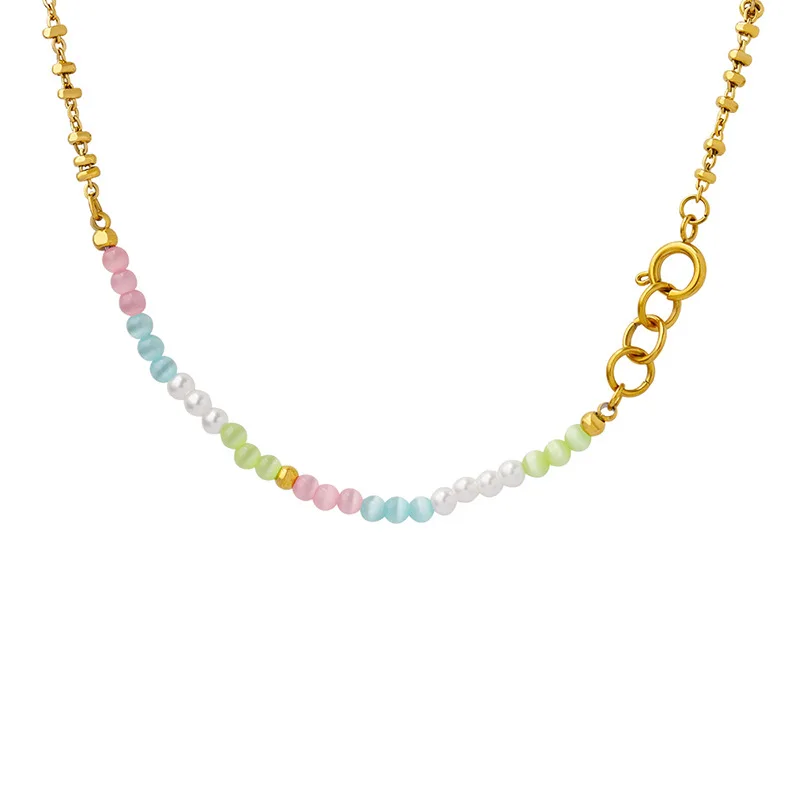 

New bohemian folk style imitation pearl opal necklace jewelry trend titanium steel gold-plated chain personality jewelry