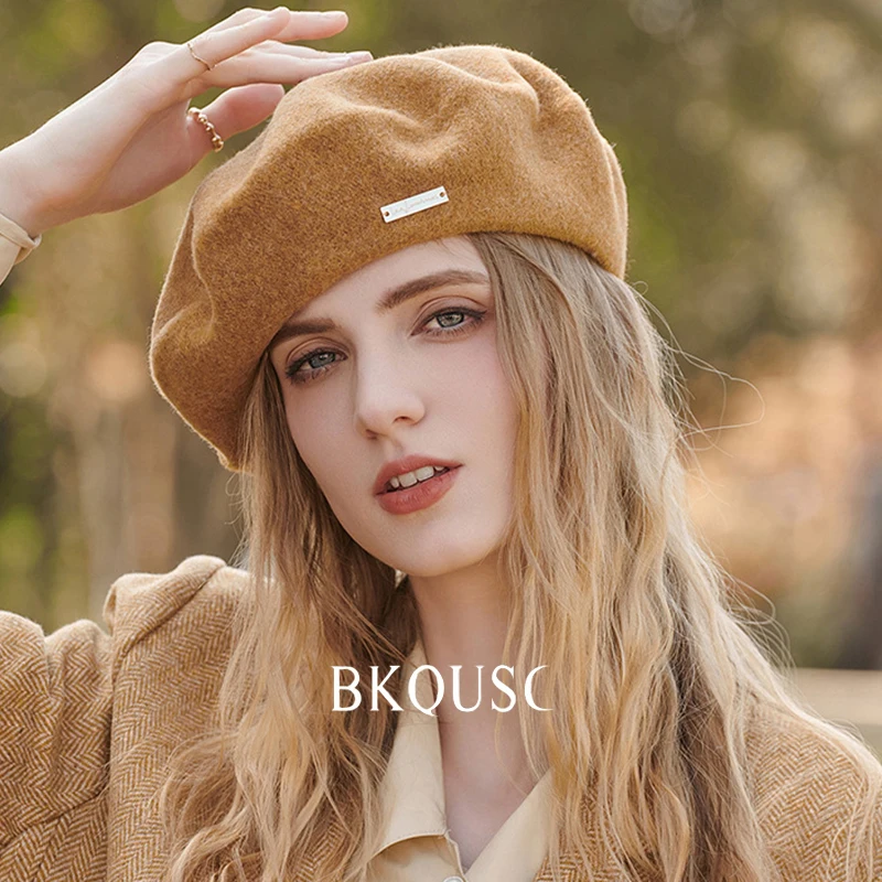 French Vintage Gold-Label Women's Wool Beret Pure Wool Felt Soft Warm Round-Cut Artistic Hat for Female
