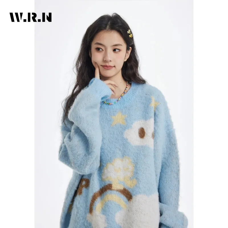 

Korean Sweet Casual Y2K Knitting Long Sleeve Pullovers 2023 Winter Fashion Women Jumpers Cartoon Print Round Neck Ladies Sweater