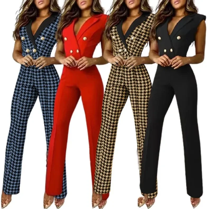 

Women Spring Summer Jumpsuit Plaid Color Sleeveless Pecil Pants V Neck Button High Waist Casual Fashion Comfortable Regular Fit