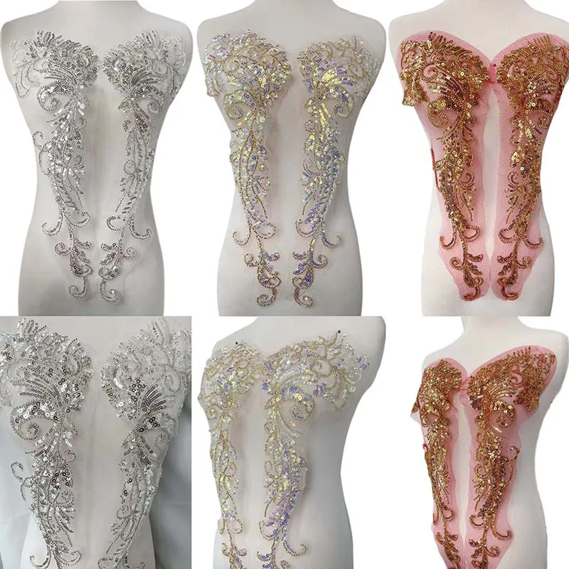 Pailletten-Perlen-Blumen Stickerei-Aufnäher für Damen, Hochzeitskleid-Nähzubehör, Mieder, Ausschnitt-Kragen Spitzenapplikationen