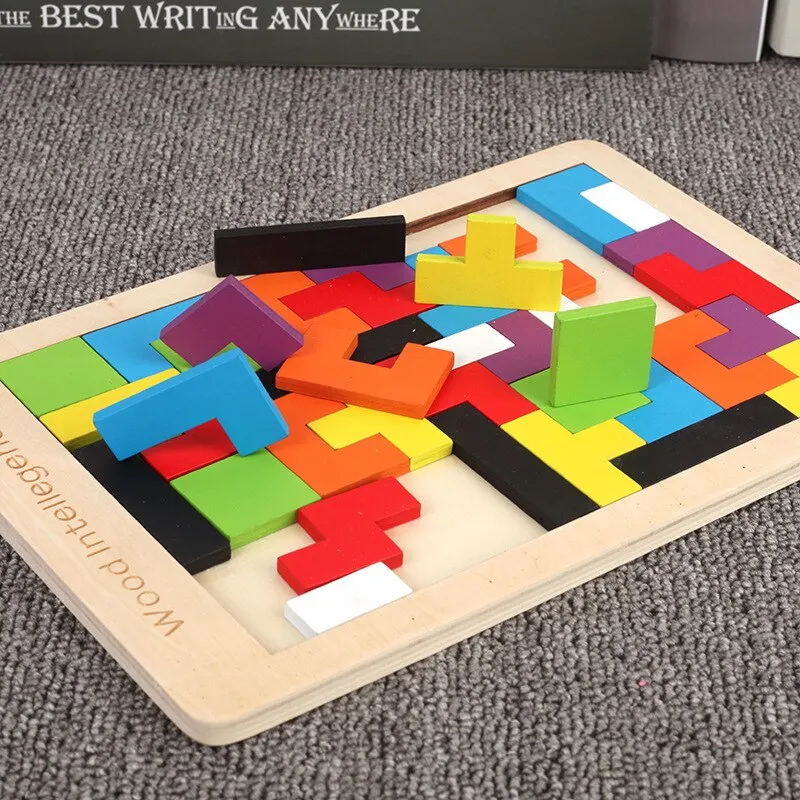 1 Set Houten Blokken Puzzel Brain Teasers Speelgoed Tangram Jigsaw Intelligentie Kleurrijke 3D Russische Blokken Montessori Educatief