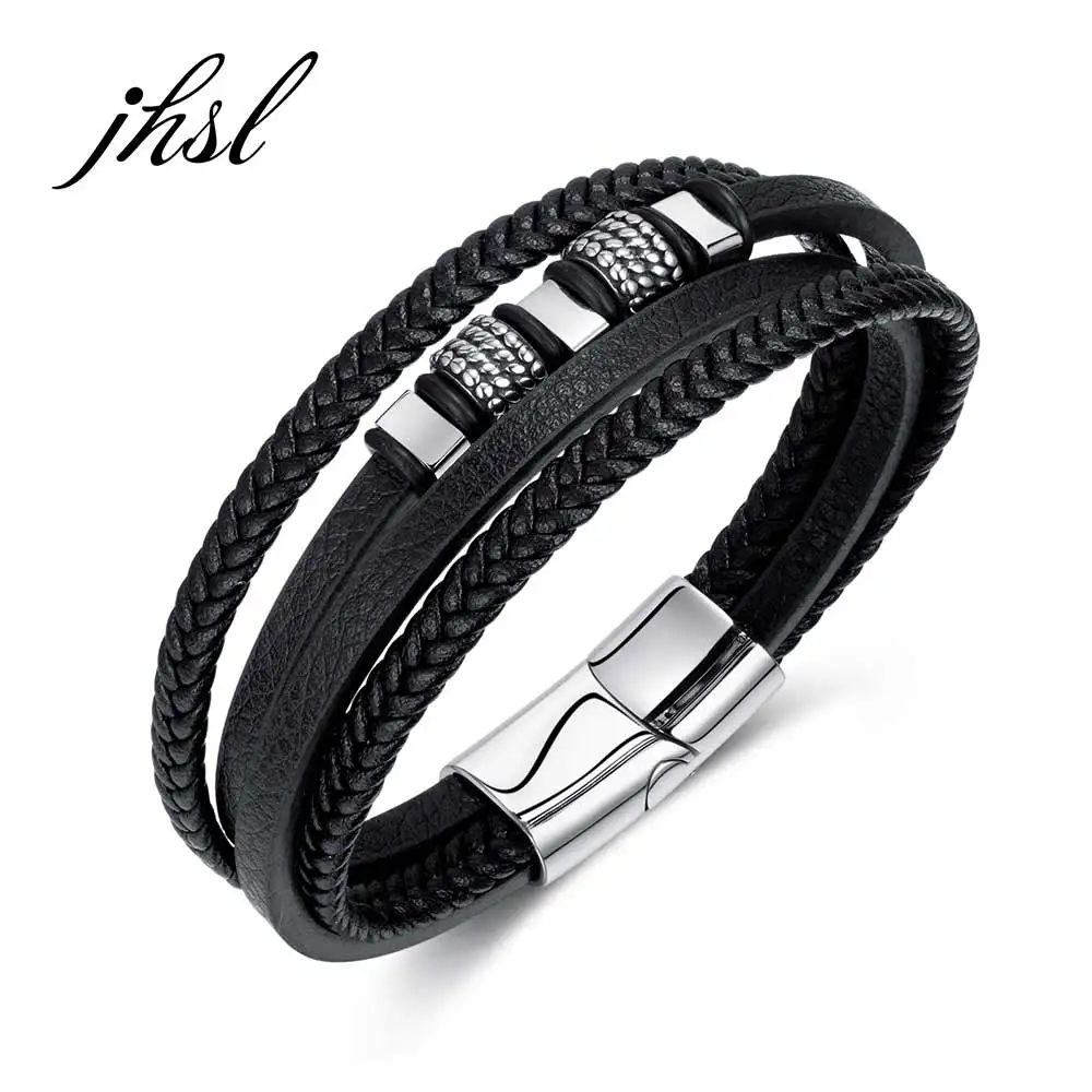 JHSL Punk Male Men Statement Bracelets Bangles High Quality Black Leather and Stainless Steel Magnet Buckle New Arrival 2023