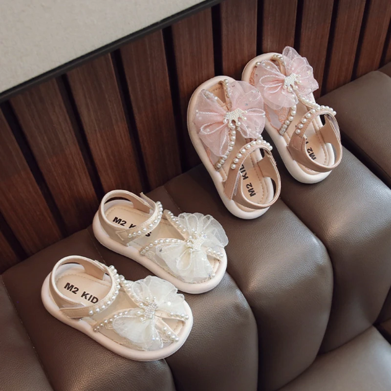 2023 Summer Baby Girls Flower Pearl Fish Mouth Sandals Sweet Soft Sole Breathable Mesh Toddler Princess Shoes Kids Beach Sandals