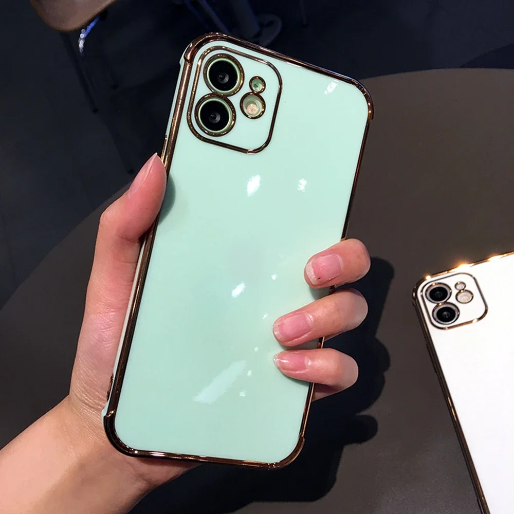 Luxury Glossy Gold Plating Silicon Case For iPhone 16 15 14 13 11 Pro Max XS X XR 15 Soft Pure White Color Cover For iPhone 16