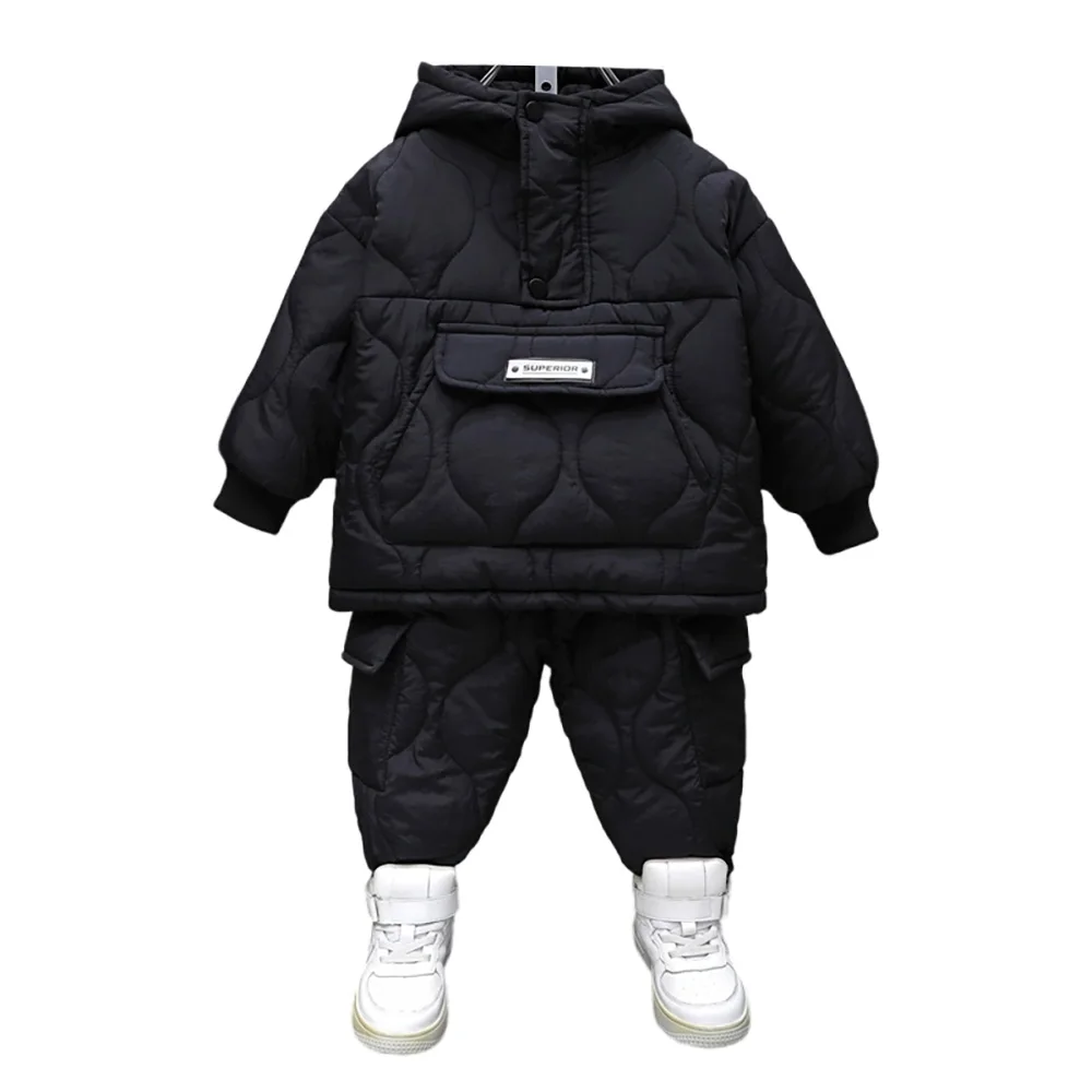 Winter Kids Boys Cotton Hooded Coats+Pants 2Pcs Kids Fleece Snowsuit Thick Warm Velvet Children Clothes Sets 2-10 Years Old