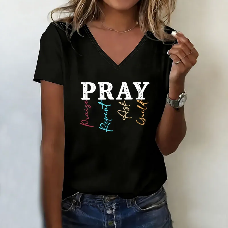 T-Shirt mit V-Ausschnitt, lässige Mode, Y2k, inspirierende bedruckte T-Shirts für Damen, kurzärmeliges T-Shirt mit V-Ausschnitt, Sommer, Frühling