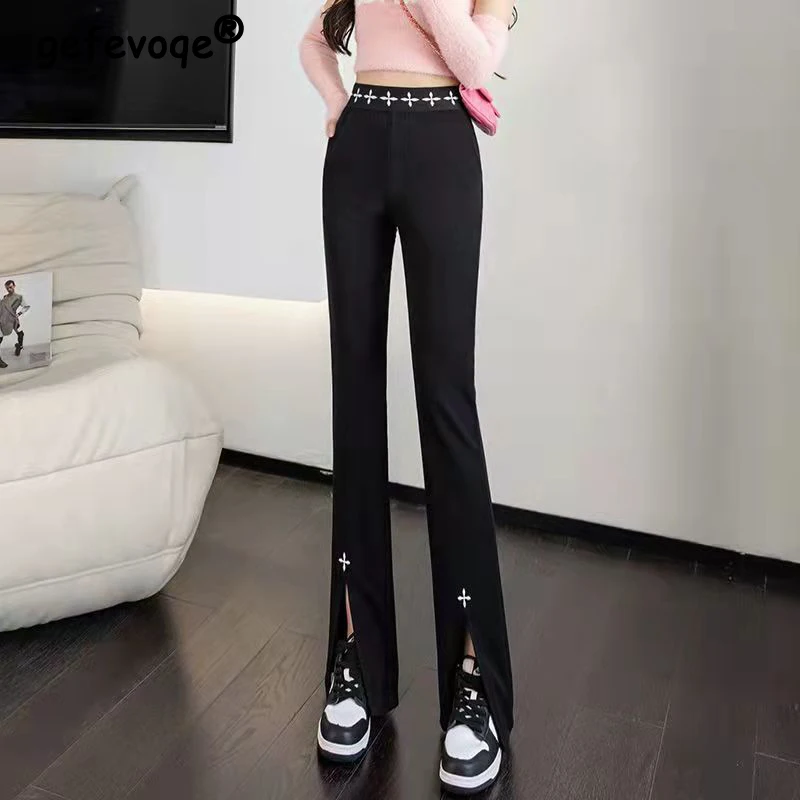 

Slit Black High Waist Street Slim Embroidery Chic Flare Pants Women Spring Summer Korean Fashion Casual Office Lady Trousers 4XL