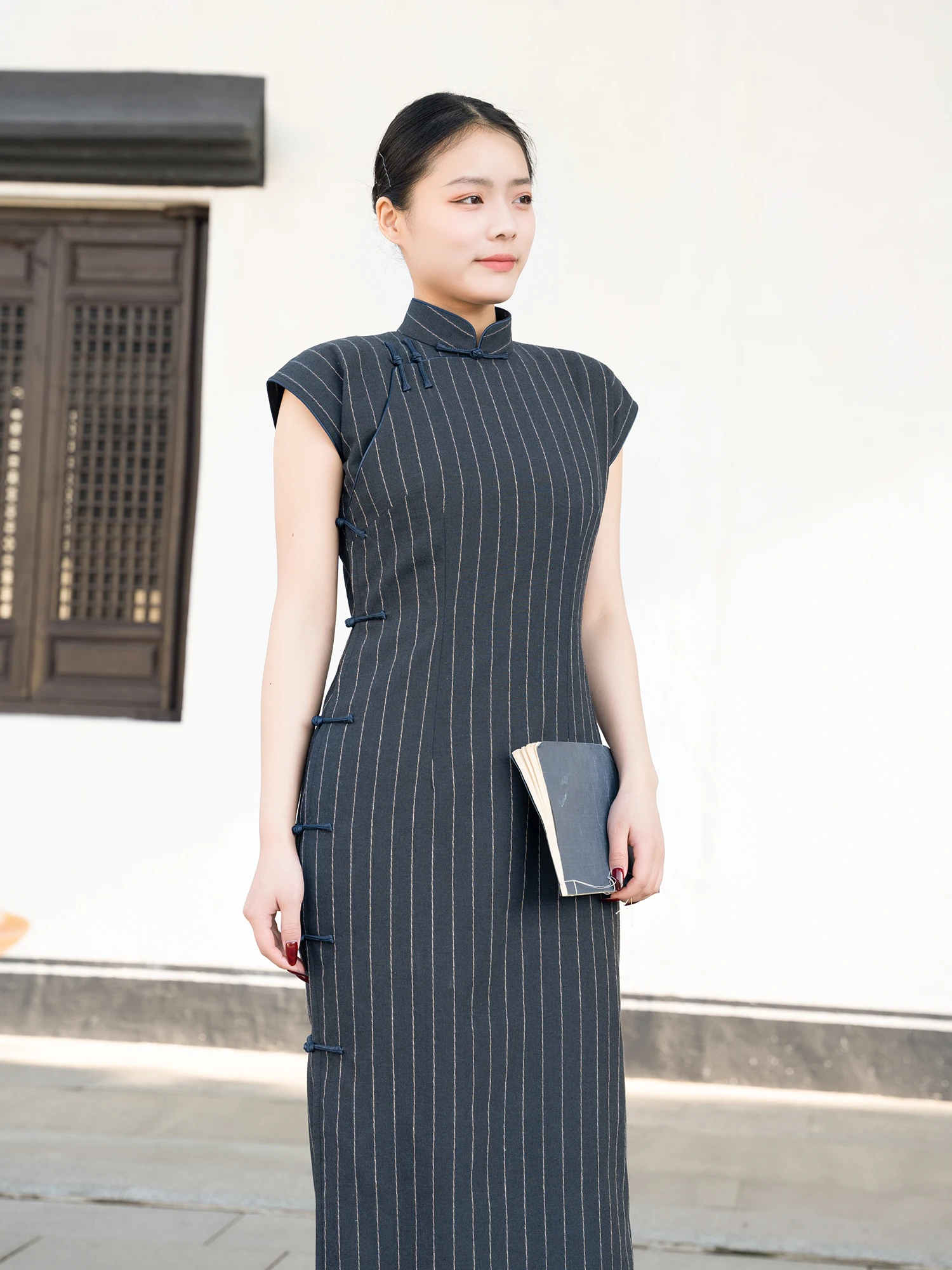 

Classic Silk Road Handmade Full Button Old Sle Cotton Linen Stripe Commute Slimming Flat Pattern Republic of China