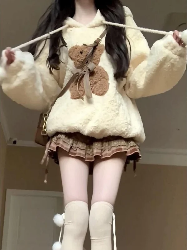 Cute Bear Print Hoodie And Plaid  Skirt Two-Piece Set for Women Autumn Winter Thiened Long Sve round Ne Casual Sle
